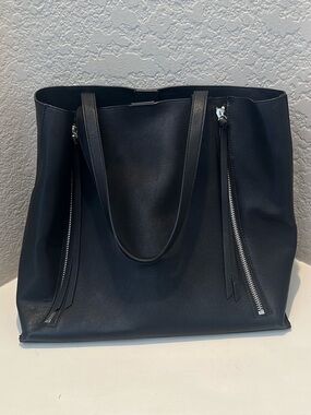 Chelsea28 Black Vegan Tote with Dual Silver Zippers Down the Front and Pouch